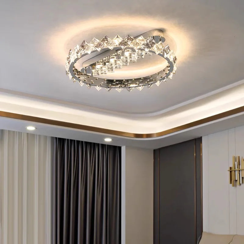 Axyaa Crystal Ceiling Lamp: Modern Luxury Stainless Steel Dimmable Lighting for Living Room