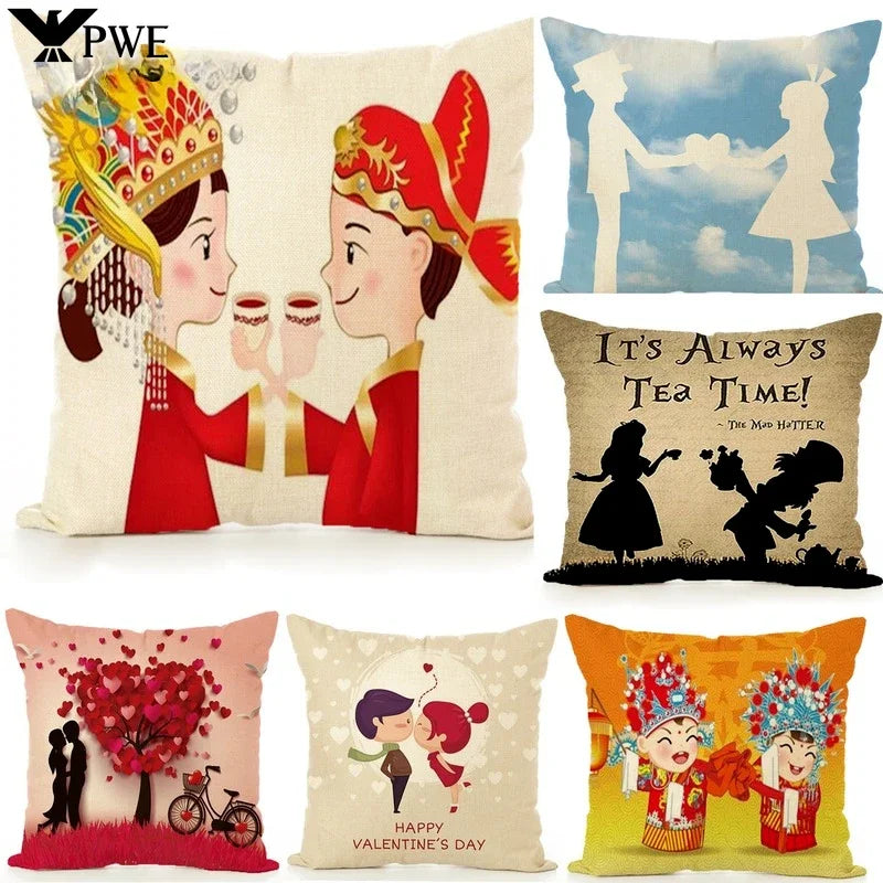 Axyaa Cartoon Couple Linen Pillowcase: Cute Room Decor & Valentine's Day Gift