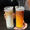 Axyaa Stripe Glass Cup with Lid and Straw, Transparent Coffee Mug, 600ML