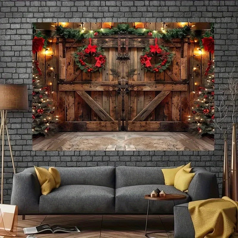Rustic Farmhouse Wooden Door Christmas Tree Wall Tapestry by Axyaa