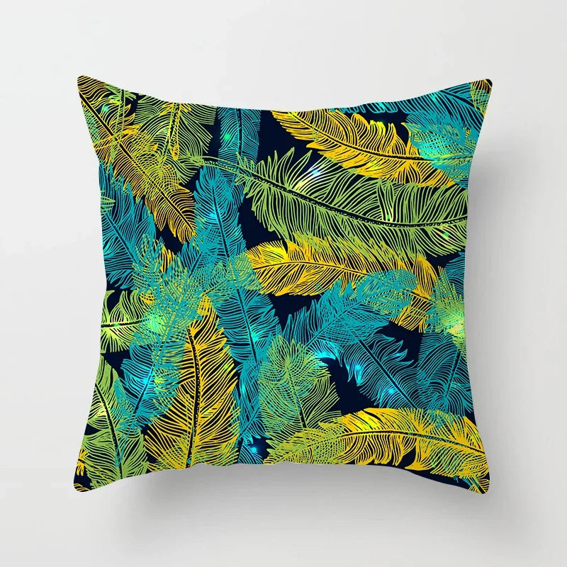 Teal Blue Flower Leaves Pattern Pillow Case for Home Decor by Axyaa