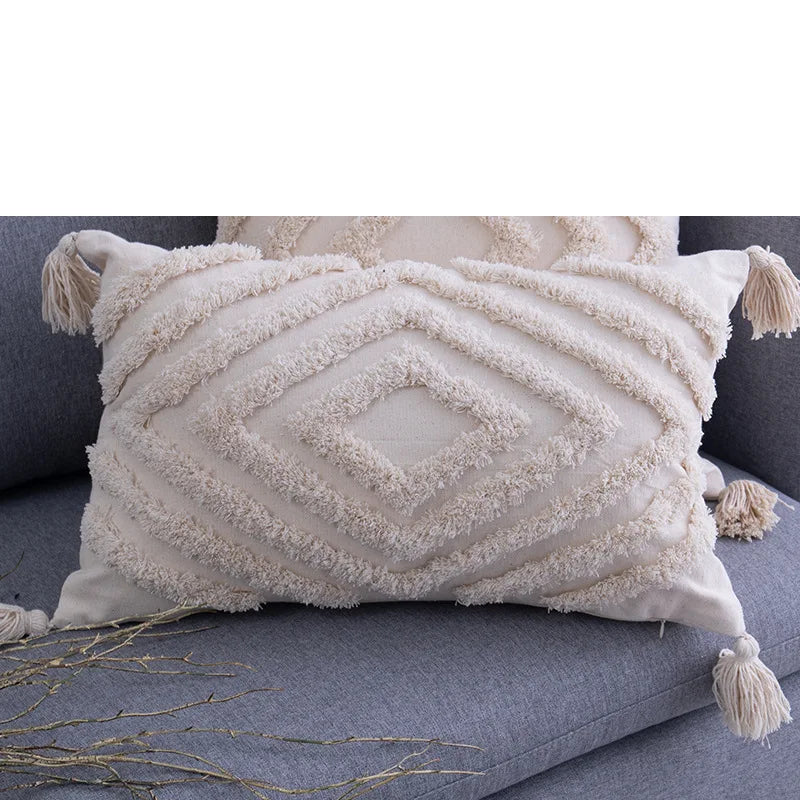 Axyaa Beige Boho Tufted Geometric Cushion Cover for Chic Home Decor