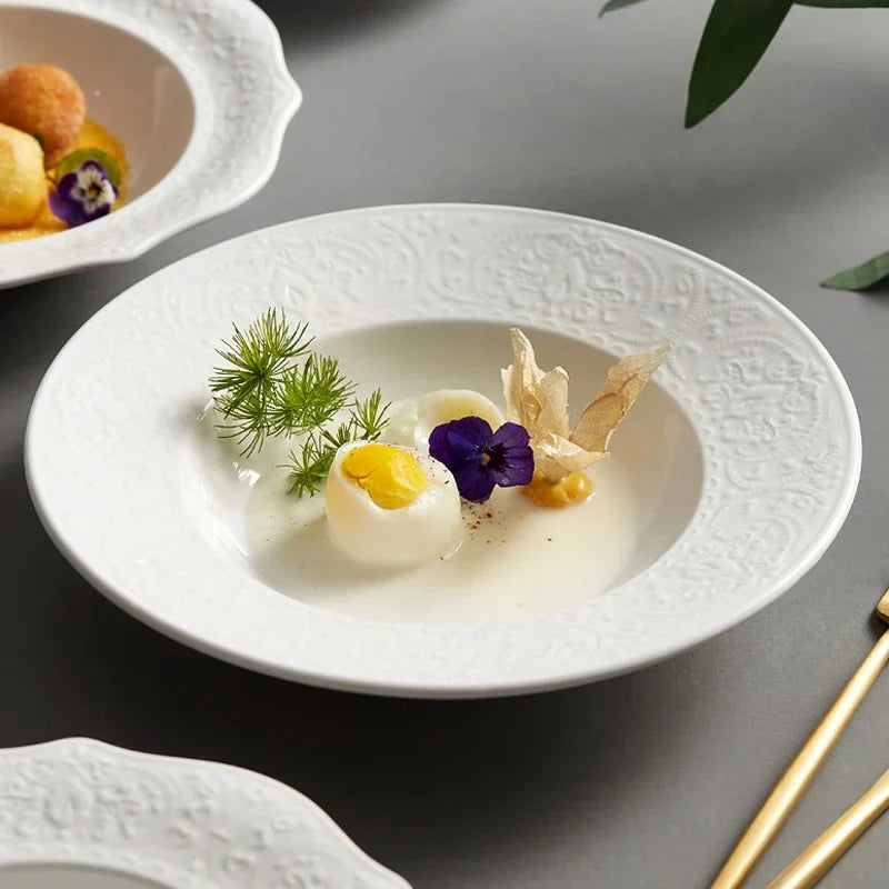 Axya White Embossed Plate Set for Elegant Dining and Desserts