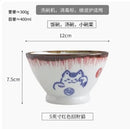 Axyaa Ceramic Lucky Cat Rice Bowl Set - 5" Bamboo Hat Household Tableware