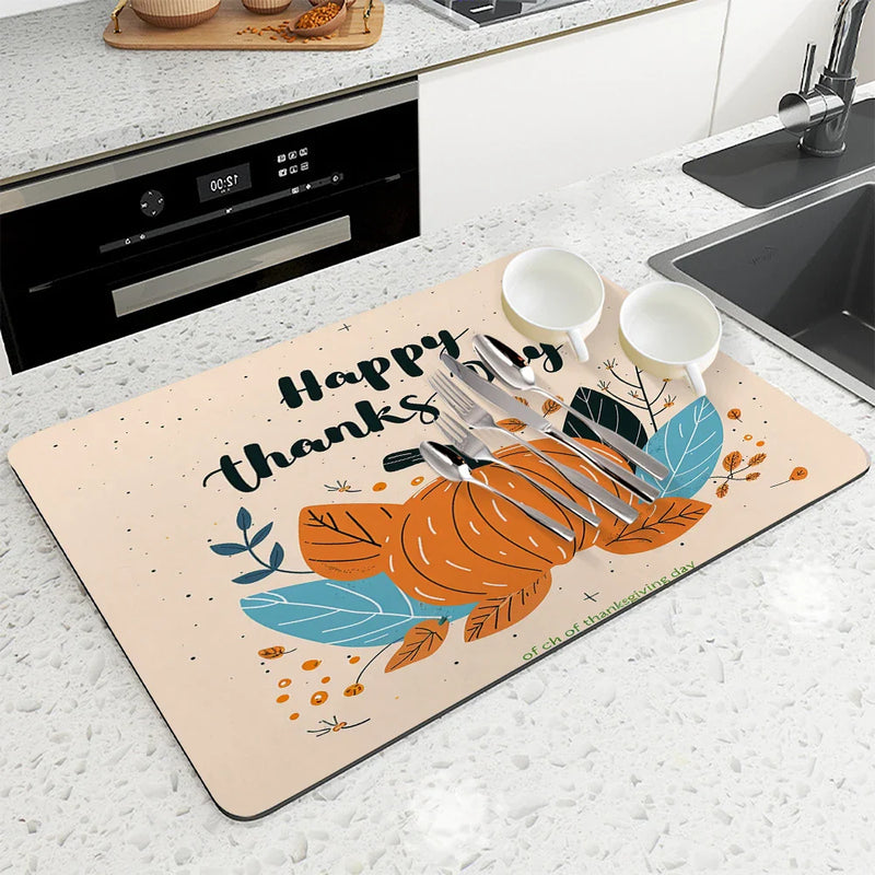 Axyaa Thanksgiving Drying Mat - Non-slip Kitchen Drain Pad and Heat Resistant Counter Mat