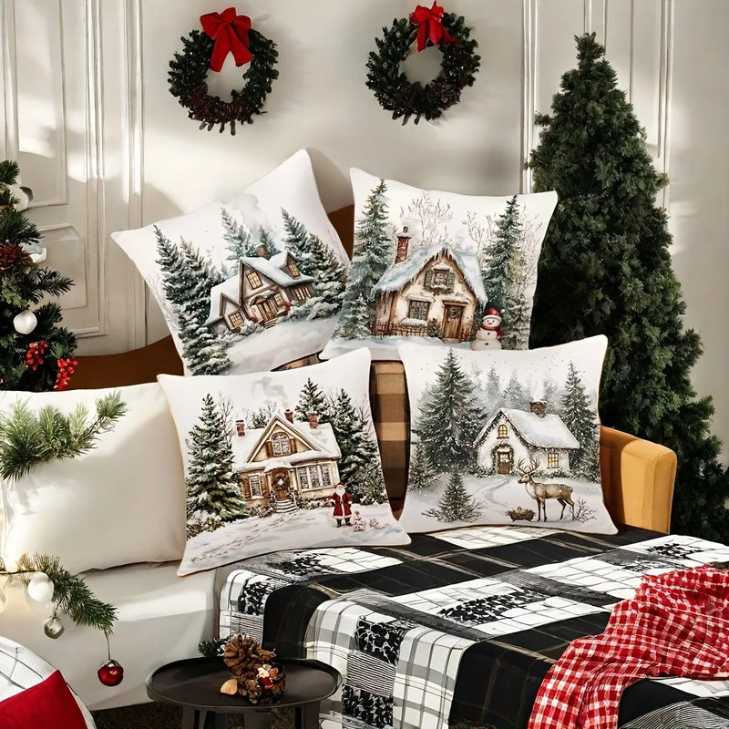 Axyaa Winter Snow Hut Pillow Cover, Festive Christmas Sofa Cushion Home Decor
