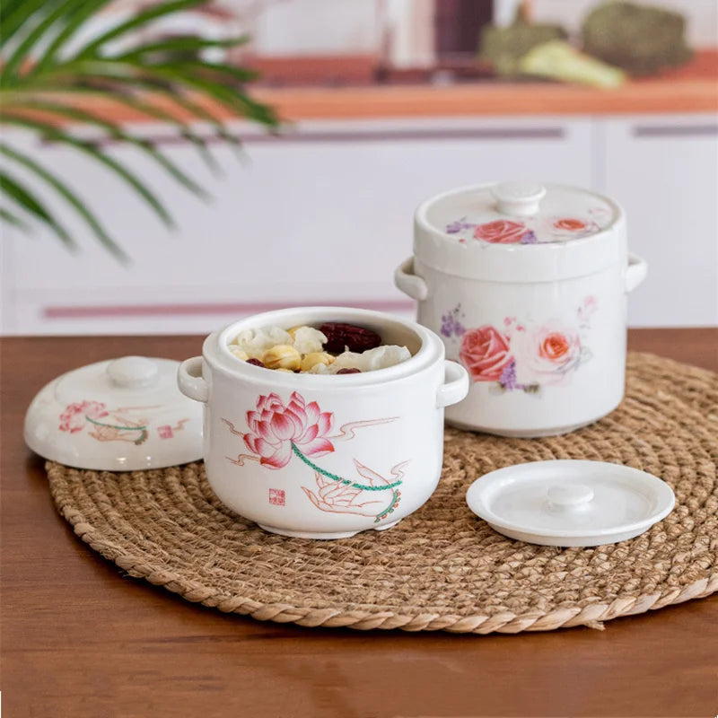 Axya Ceramic Flower Health Stew Pot Double Lid Soup Bowl Bird's Nest Ginseng Jar