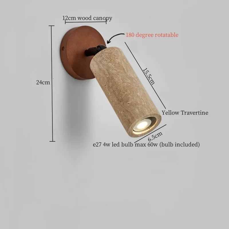 Axyaa White Glass LED Wall Light - Yellow Travertine Button Switch - Wabi Sabi Design