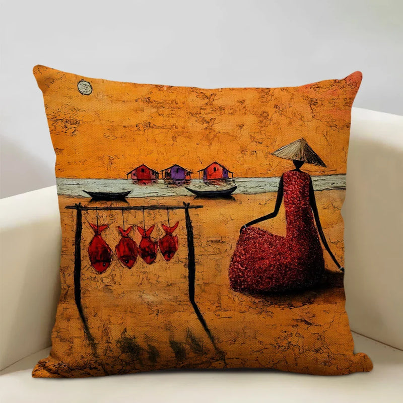 Axyaa African National Style Oil Painting Cushion Cover for Living Room Sofa Art