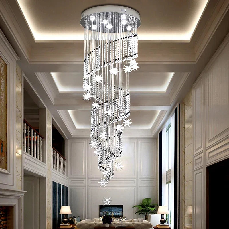 Axyaa Moon Star Crystal Chandelier: Spiral Design for Modern Lobby and Stair Lighting