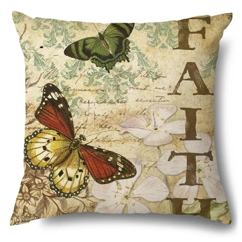 Axyaa Rose Butterfly Print Cotton Linen Pillowcase for Modern Living Room Decor