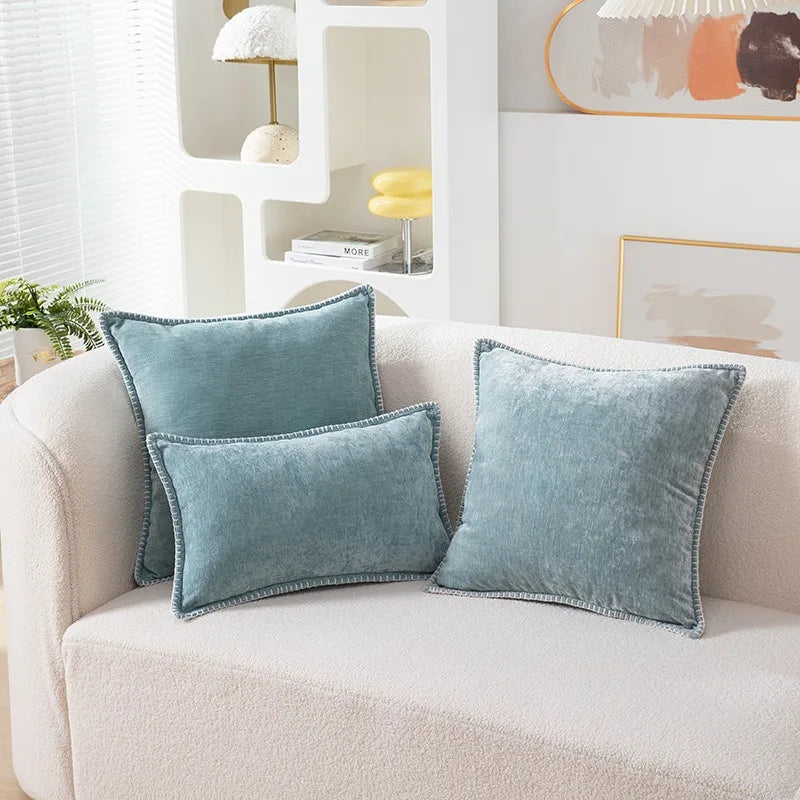 Blue Chenille Luxury Lumbar Pillow Case for Bed Sofa Couch by Axyaa