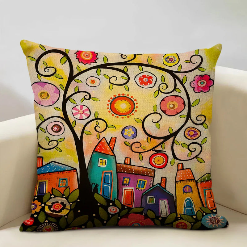 Axyaa Scenic Illustration Cushion Cover 45x45cm for Home Art Decoration