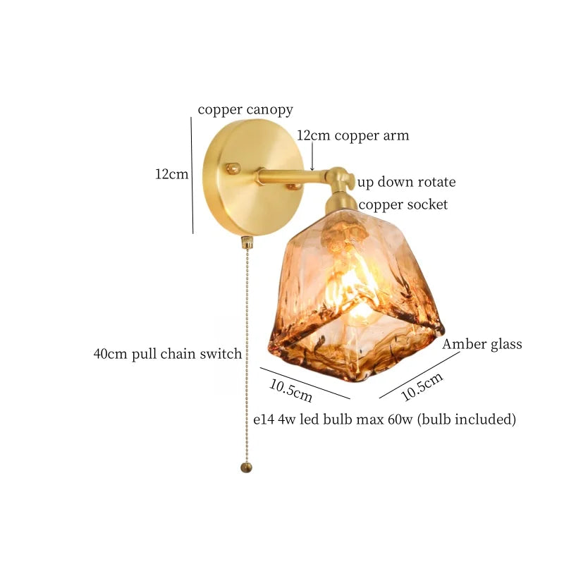 Axyaa Glass LED Wall Sconce Light Pull Chain Copper Applique Murale