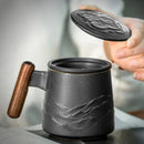 Axyaa Ceramic Tea Mug with Strainer, Lid & Wooden Handle - Unique Gift for Dad