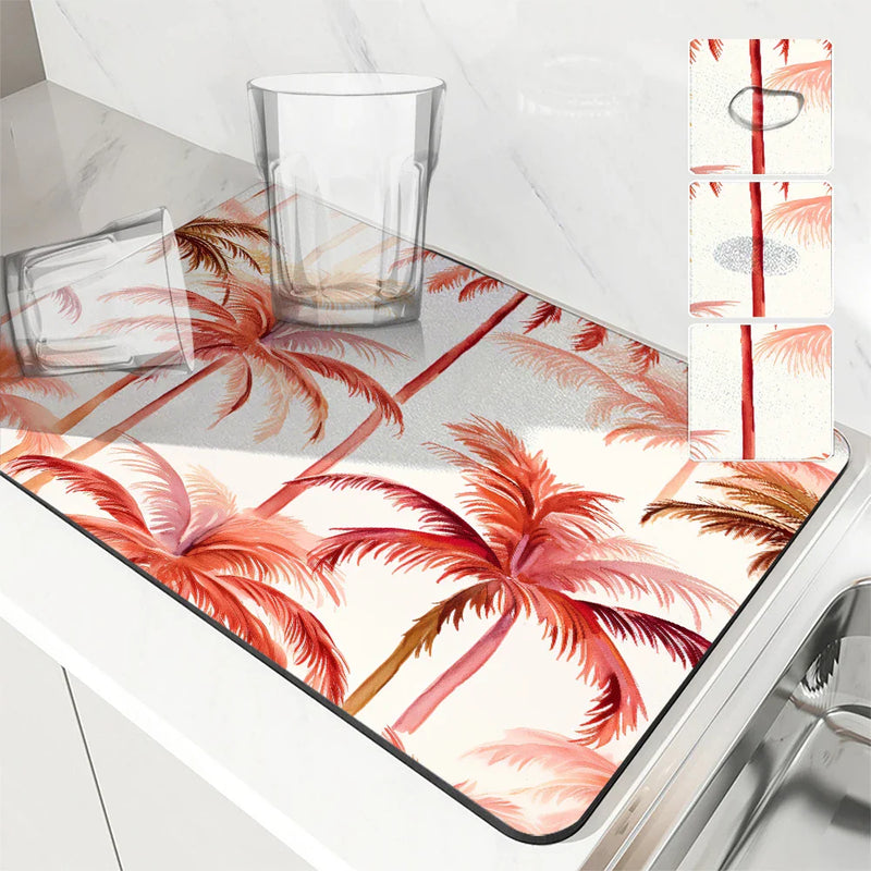 Axyaa Tropical Plants Absorbent Anti-slip Dish Mat - Quick Dry Kitchen Drying Pad