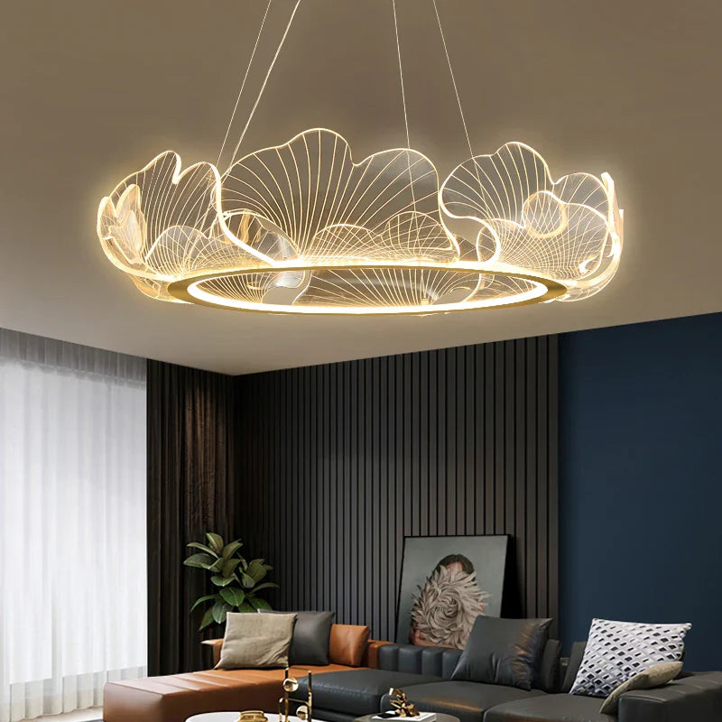 Axyaa Gold Ginkgo Acrylic LED Pendant Chandelier for Modern Living Room