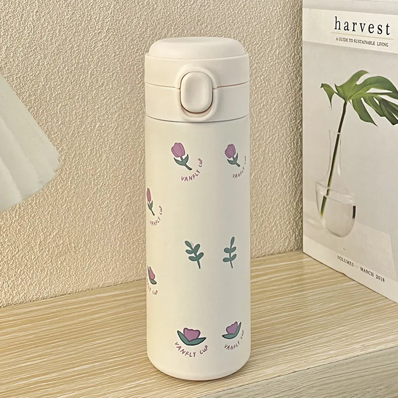 Axyaa Cartoon Tulip Thermos Cup with Straw, Leak-Proof Travel Water Bottle
