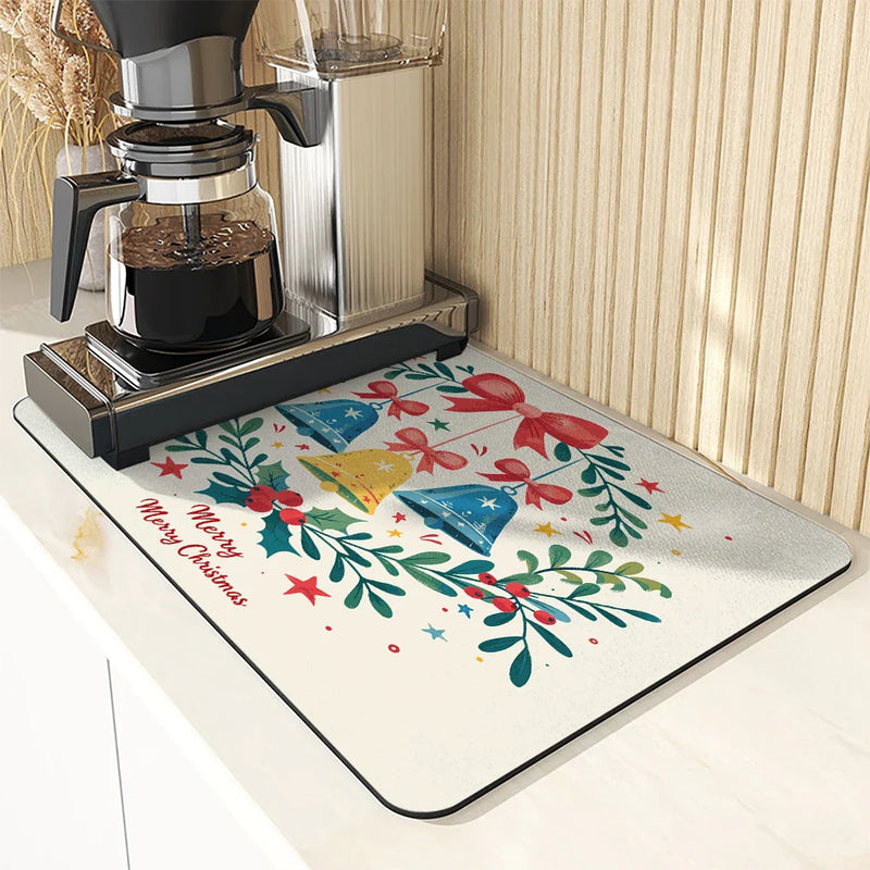 Christmas Bells Drying Mat: Absorbent Dish & Cup Placemat by Axyaa