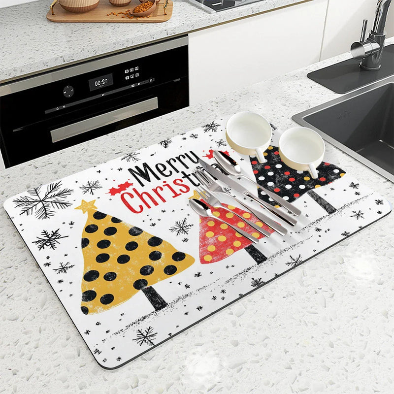 Axyaa Christmas Tree Coffee Cup Drying Mat: Non-slip Absorbent Mat for Kitchen Counter & Coffee Bar