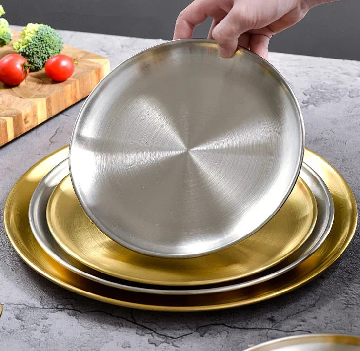 Axya Stainless Steel Round Steak Plate Tray with Hairline Finish Mirror Steak Tray BBQ Tableware