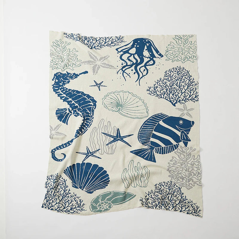 Axyaa Coastal Ocean Knit Throw Blanket - Sea Shell, Starfish Coral Design