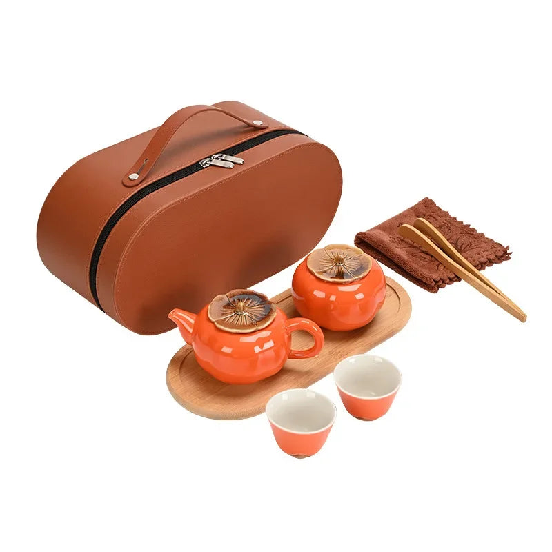 Axya Ceramic Persimmon Tea Set with Travel Bag and Tray