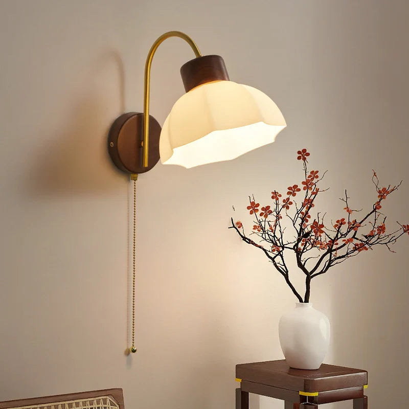 Axyaa Modern LED Wall Lamp Sconce Glass Wood Pull Chain Switch Stair Lights