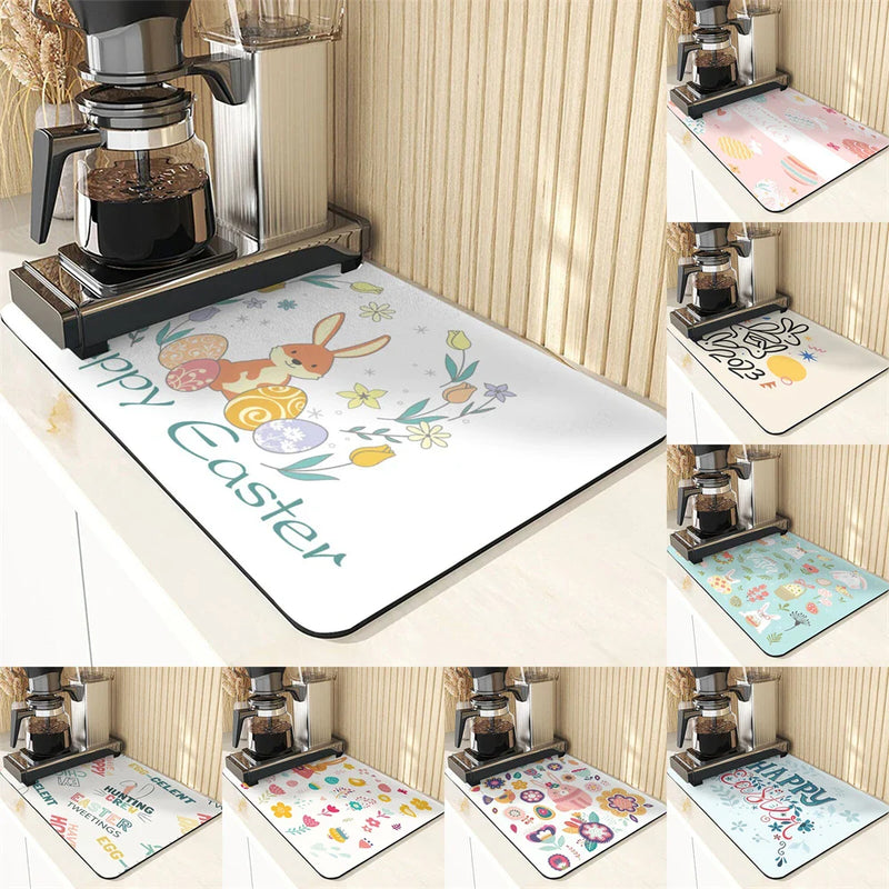 Axyaa Easter Rabbit Print Placemats & Coasters: Absorbent Kitchen Mats & Home Decor