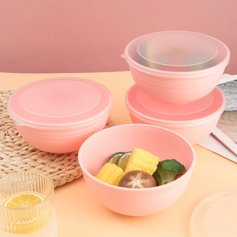 Axyaa Pink Plastic Bowls with Lids - Set of 4 - Reusable for Home, Kitchen, and On-the-Go