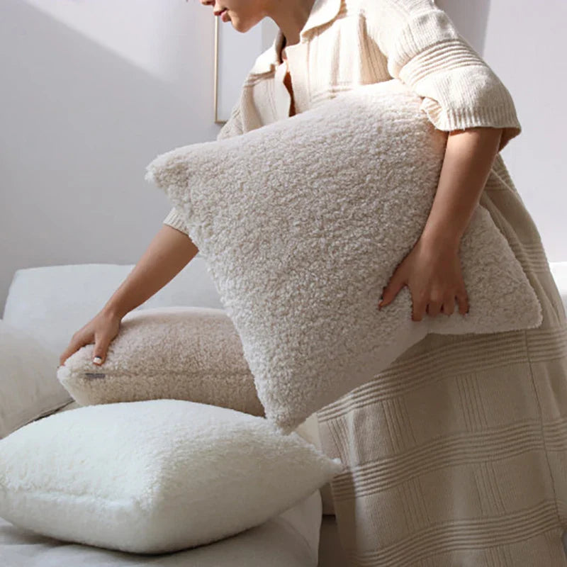Axyaa White Plush Cushion Cover: Designer Nordic Pillow for Living Room Decor
