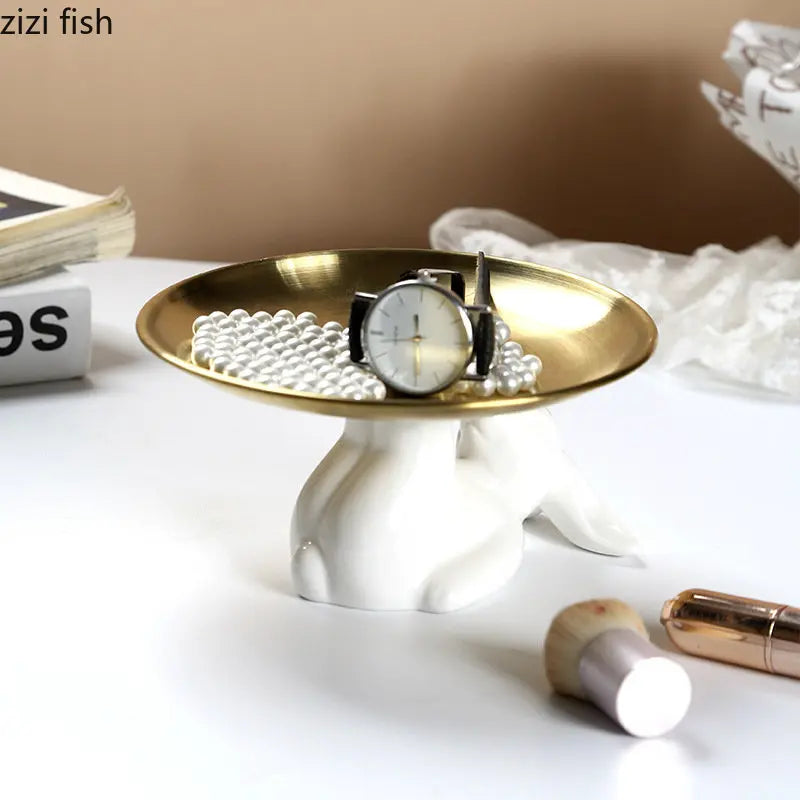 Axya Rabbit Cake Plate Ceramic Metal Jewelry Tray Snack Dessert Refreshment Tray