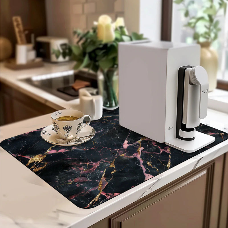 Axyaa Black Marble Kitchen Draining Mat - Absorbent & Anti-slip