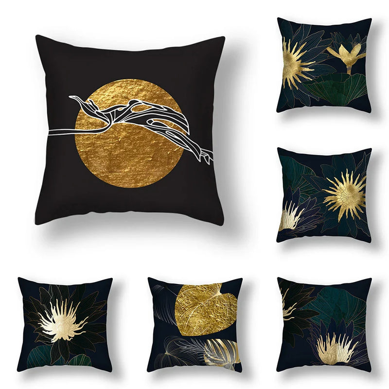 Axyaa Gold Leaf Flower Cushion Cover - Decorative Square Pillow for Home and Car