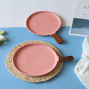 Axyaa Ceramic Steak Plate with Wooden Handle in Nordic Style, Macaron Color