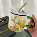 Axyaa Kawaii Animal Glass Cup With Lid and Straw, 600ml