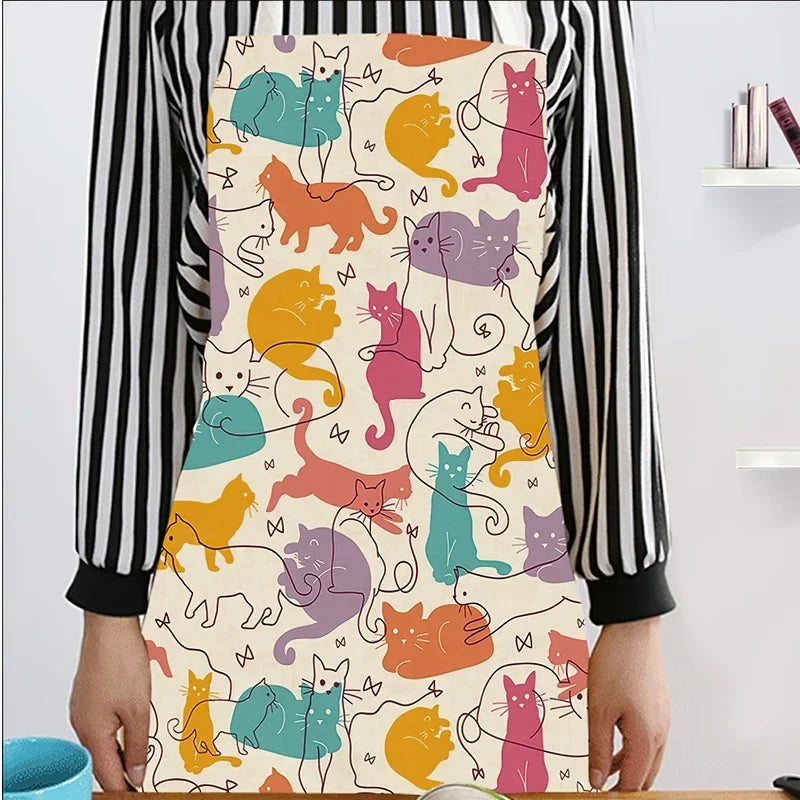 Axya Cute Cat Print Cotton Linen Sleeveless Apron for Cooking Baking Kitchen