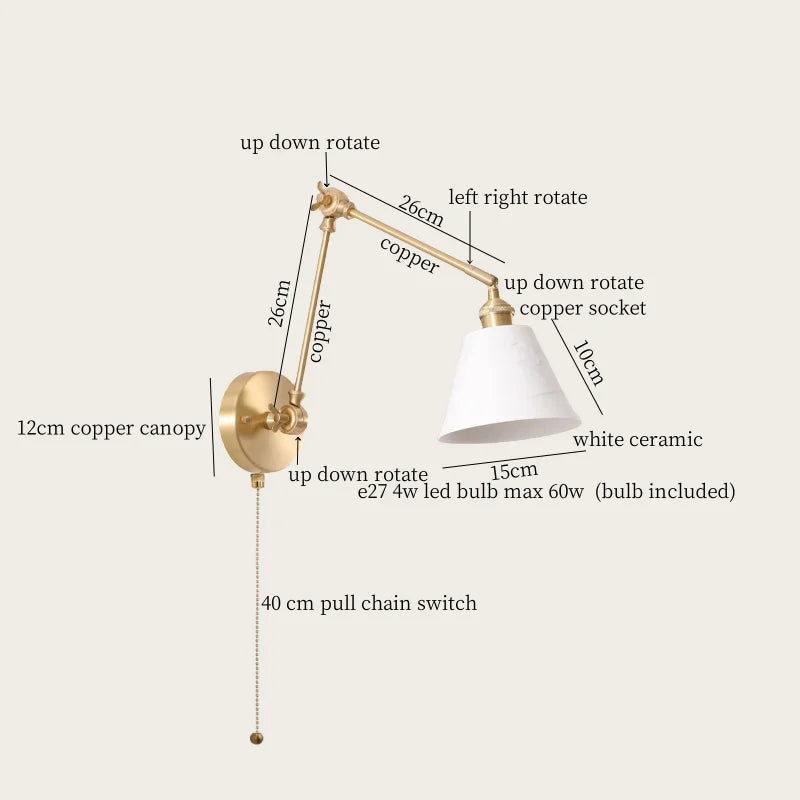 Axyaa Ceramic LED Wall Lamp Pull Chain Switch Nordic Copper Wandlamp