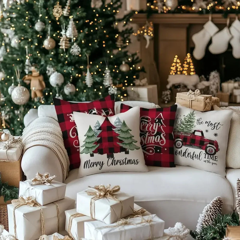 Axyaa Christmas Throw Pillow Covers - Festive Farmhouse Decor with Xmas Trees, Truck & Buffalo Plaid