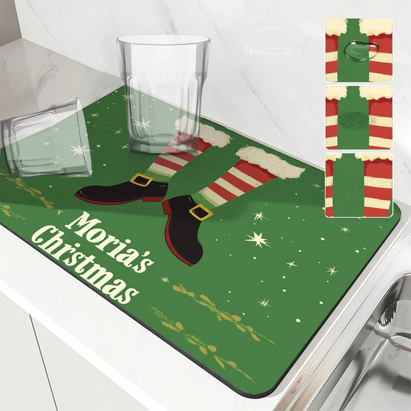 Axyaa Christmas Coffee Drying Mat - Absorbent Anti Slip Table Mat for Cups