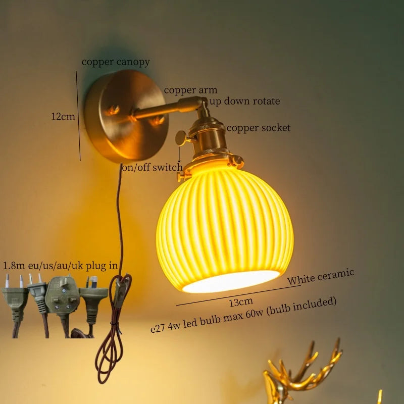 Axyaa Nordic LED Wall Lamps, Modern Copper Arm Ceramic Light for Living Room, Bedroom