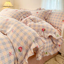 Axyaa Pink Tulip Duvet Set with Flat Sheet & Pillowcase Washed Cotton Queen Twin Full