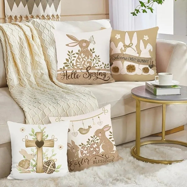 Easter Rabbit & Cross Egg Print Pillow Cover for Farmhouse Decor by Axyaa