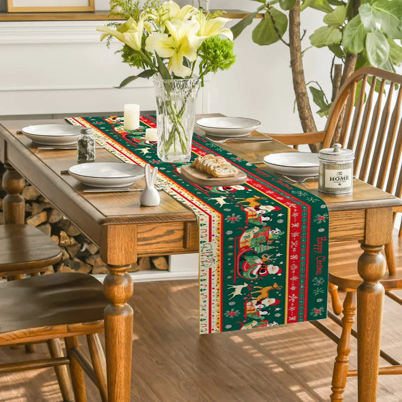 Axyaa Christmas Table Runner: Santa Deer Cart Presents Snowflakes Farmhouse Dining Decor