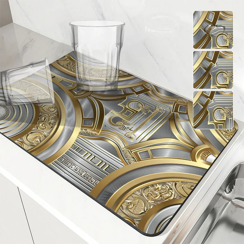 Axyaa Metallic Pattern Coffee Mat: Quick Kitchen Drying Mat for Draining Dishes & Utensils