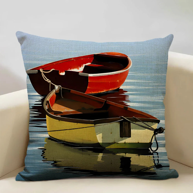 Axyaa Boat Pattern Linen Cushion Cover for Home Sofa Decor