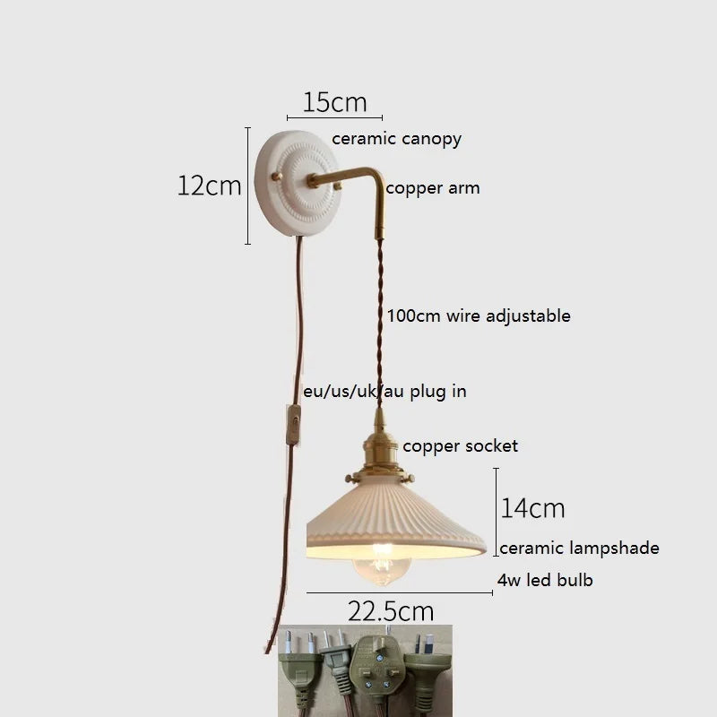 Axyaa Ceramic LED Wall Sconce with Adjustable Copper Arm for Bedroom, Bathroom, Mirror