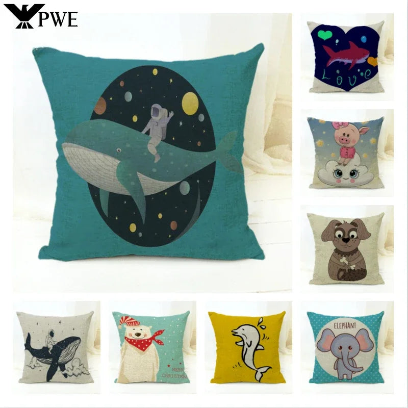 Axyaa Cartoon Animal Print Linen Cushion Cover 45*45cm