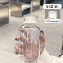 Axyaa 750ml Glass Water Bottle with Time Marker, Lid, and Straw