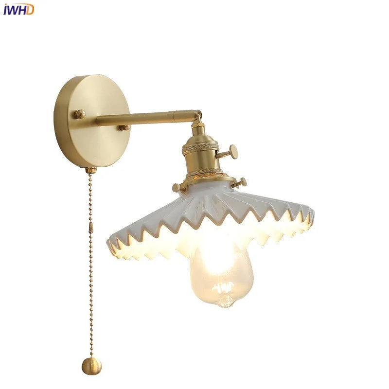 Axyaa Ceramic LED Wall Lamp with Pull Chain Switch - Modern White Black Copper Mirror Light